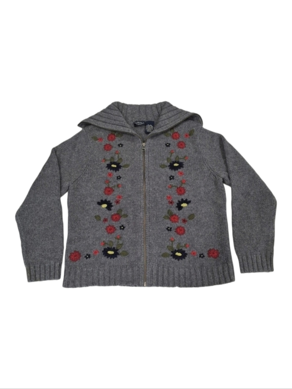✨2/$25 Sonoma Jean~Embroidery Floral~Sweater Zip Up~Collar~Grey~Granola~LRG - Picture 1 of 6